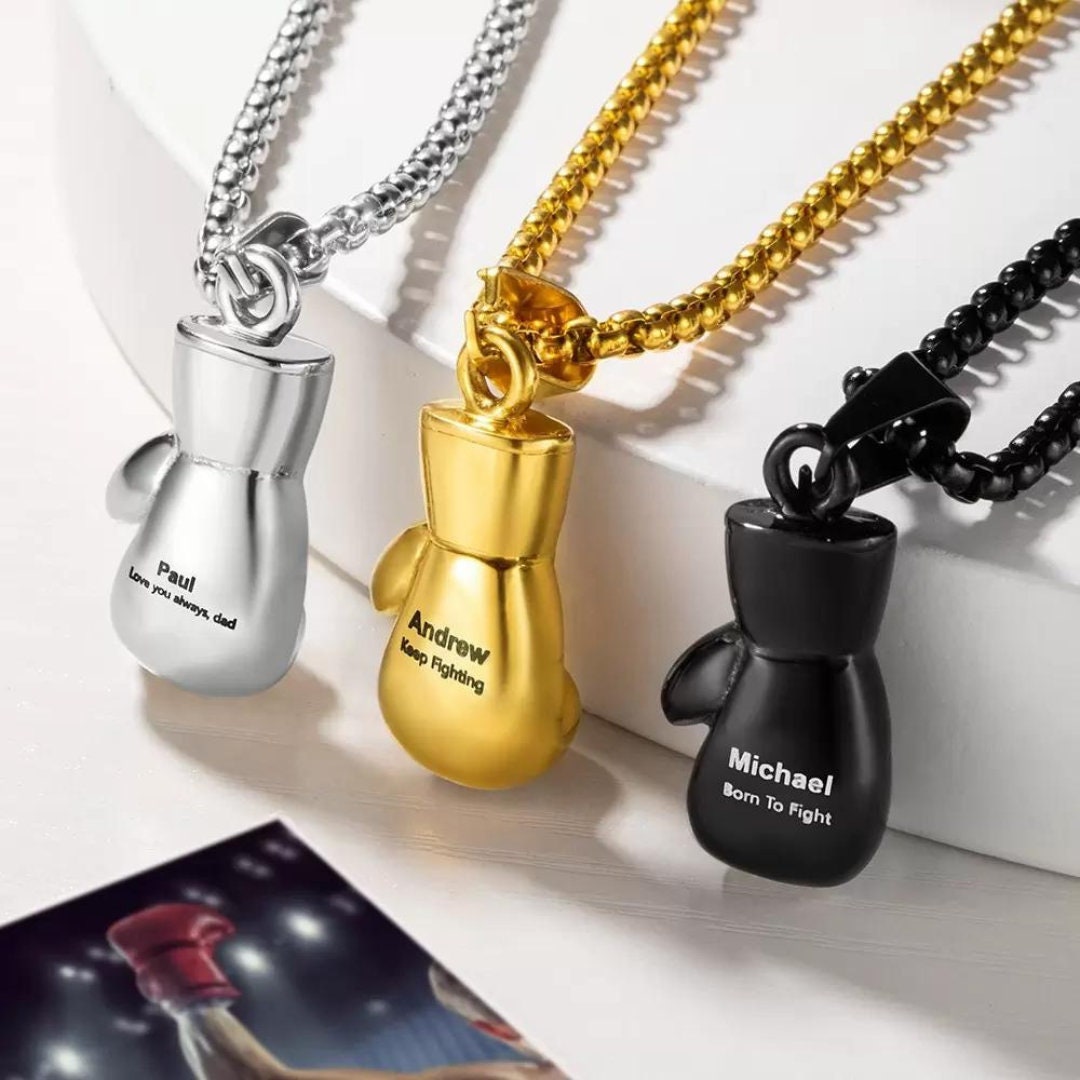 Gold Stainless Steel Rocky Boxing Glove Pendant Necklace | 24-Inch Chain | Sports Theme Jewelry