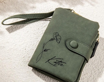 Custom Birth Flower Wallet with Name Engraving, Vegan Leather Tri-Fold Wallet, Personalized Cash/Card Holder Daughter/Mom/Girlfriend Gift