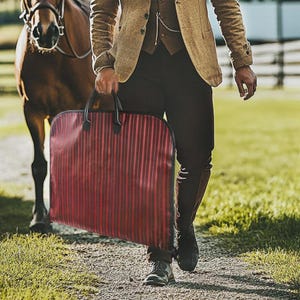 Puede incluir: Una funda para prendas a rayas rojas y negras con asas negras es llevada por una persona que camina por un camino de grava. Un caballo marr&oacute;n est&aacute; en el fondo. La bolsa es una funda blanda, probablemente para ropa.