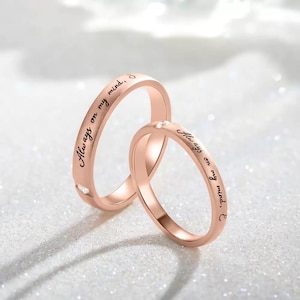 Personalized Wedding Rings Set of 2, His and Hers Engraved Couple Bands, Custom Text Promise Ring, Matching Engagement Bands with Zircon