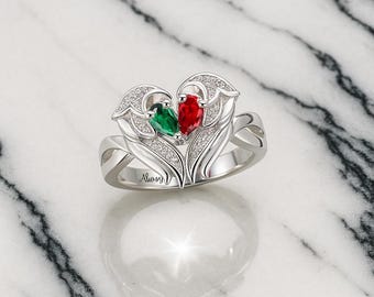 Custom Angel Wings Ring with Two Birthstones | Personalized Birthstone Jewelry, Gift for Her, Memorial Jewelry, Unique Gift