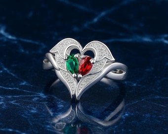 Custom Angel Wings Ring with Two Birthstones | Personalized Birthstone Jewelry, Gift for Her, Memorial Jewelry, Unique Gift