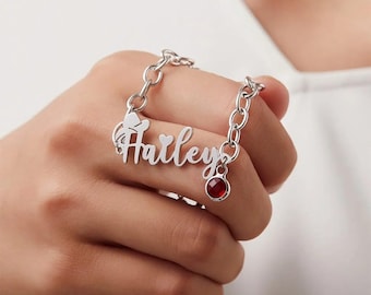 Custom Name Western Cowboy Hat Bracelet with Birthstone, Sterling Silver 925 Heart Jewelry, Gift for Cowboy/Cowgirl, Country Girl Jewelry