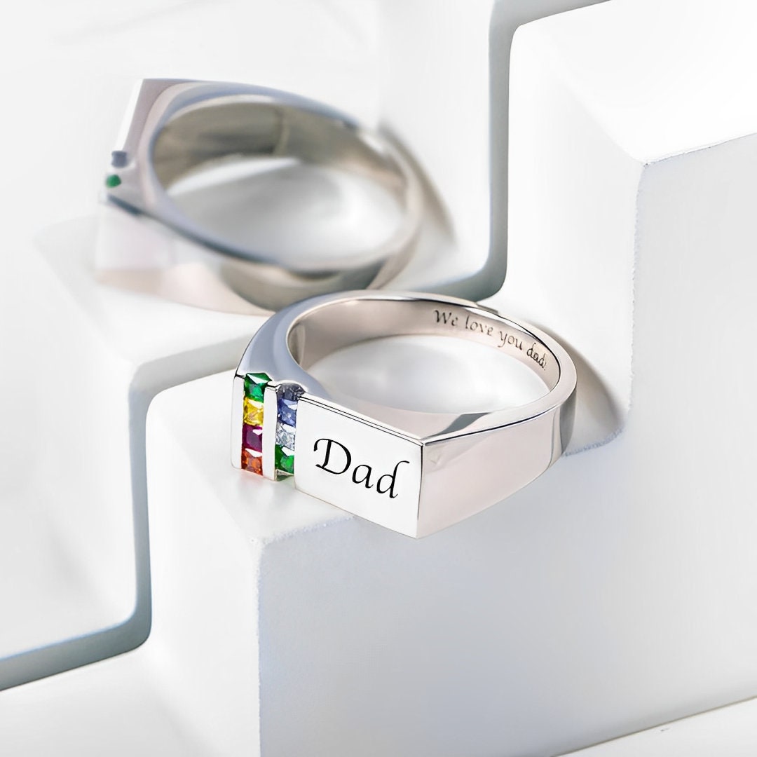 Custom Name Engraving Men s Ring with Birthstones Men s Sentimental Jewelry Father s Day Jewelry Gift Idea Personalized Men s Ring