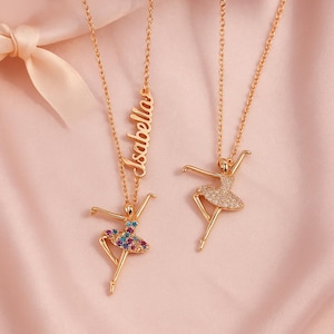 Personalized Ballerina Necklace with Sideways Name and Birthstone, Custom Ballet Dancer Jewelry Gift, Delicate Dancer Name Jewelry
