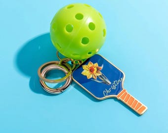 Personalized Birth Flower Pickleball Paddle Keychain with Name – Colorful Customized Pickleball Paddle Keychain w Mini Ball, Pickleball Gift