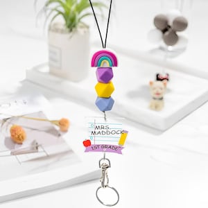 Custom Name Rainbow Beaded Teacher Lanyard/Badge Holder, Silicone Beads & Acrylic Rainbow ID Lanyard, Back to School Gifts for Teachers