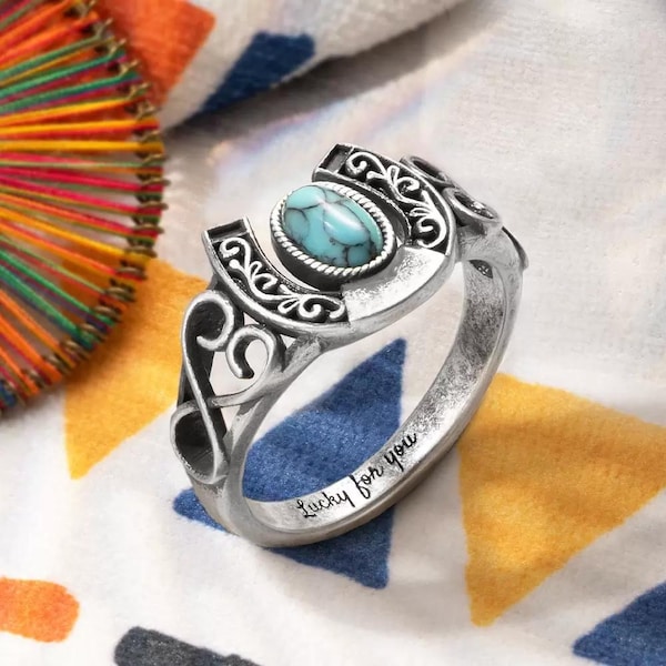 Benutzerdefinierte Hufeisen Türkis Ring, Boho Style Hufeisen Ringe, Vintage Style Good Luck Ring, Country Horse Girl Individuell gravierter Schmuck
