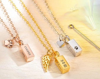 Collar de urna pequeña personalizada para cenizas de mascotas / Joya de recuerdo con grabado de huella de pata y regalo conmemorativo, collar de urna con alas de ángel para mascotas