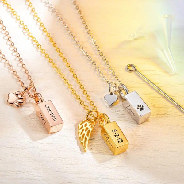 Personalized Tiny Urn Necklace for Pet Ashes | Custom Paw Print Engraved Keepsake Jewelry & Memorial Gift, Angel Wing Pet Urn Necklace