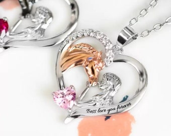Collana a forma di cuore con cavallo e incisione personalizzata + pietra portafortuna, collana personalizzata con cavallo e proprietario in argento Sterling 925, regalo per cavaliere