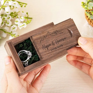 Wooden Ring Box, Custom Engraved Couples Wedding/Engagement Ring Box in Walnut w/ Mountain, Floral & Arrow Designs