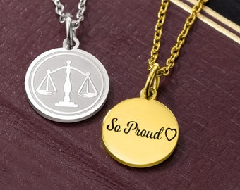 Scale of Justice Necklace with Engraved Custom Message, Libra Scales Disc Necklace, Gift for Lawyers/Barrister/Law Student/Graduation