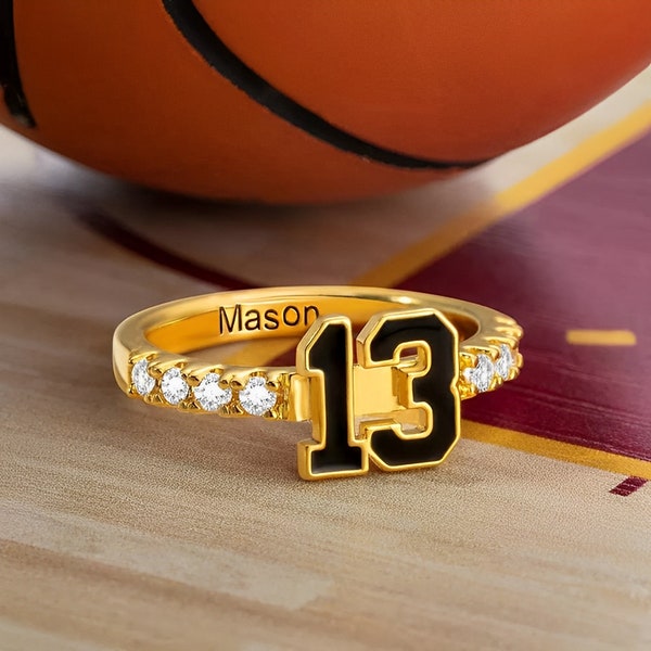 Personalized Sports Team Number Birthstone Ring with Custom Engraving, 925 Sterling Silver/18k Gold Plated Team Ring, Baseball Mom Gift Idea
