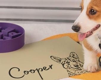 Custom Pet Portrait Food Mat with Name, Personalized Dog or Cat Feeding Mat, Waterproof Placemat Gift for Pet Owners
