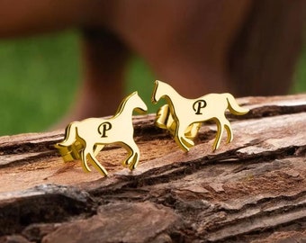 Horse Stud Earrings w Custom Initials, Galloping Horse Earrings, Sterling Silver/18k Gold Plated, Gift for Horse Riders/Lovers/Country Girls
