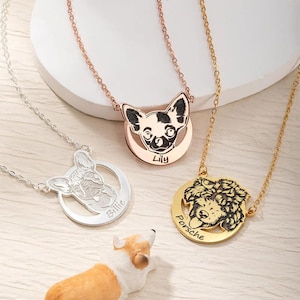 Custom Pet Portrait + Name Engraved Necklace, 925 Sterling Silver Dog Necklace, Pet Memorial Jewelry/Pet Owner Gift Idea, Dog Photo Necklace