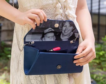 Personalized Bow Tie Clutch with Custom Photo, Mother of Bride Wedding Gift, Something Old Photo Prop Purse for Mom, Mother's Day Clutch Bag