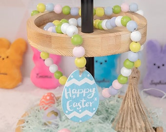 Easter Wooden Beaded Garland with Custom Name Tag on Easter Bunny, Pastel Colored Easter Party/Table Decor, Customized Easter Gifts/Keepsake
