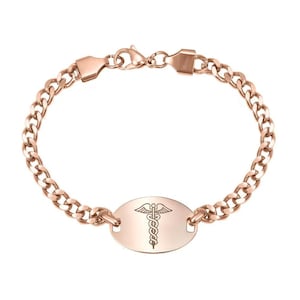 May include: Rose gold medical alert bracelet with a curb chain and an oval tag engraved with the medical symbol.