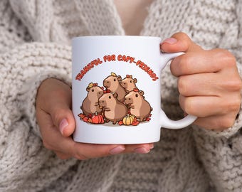 Thankful for Capy-friends Capybara Mug, Thanksgiving Kawaii Capybaras 11oz Ceramic Mug, Cute Cozy Autumn Capybara Mug, Capybara Lover Gifts