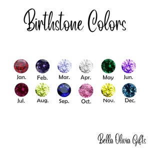 May include: A chart showing the birthstone colours for each month of the year. The chart includes a small circle representing the birthstone for each month, with the month name written below each circle. The birthstone colours are: January - red, February - purple, March - blue, April - white, May - green, June - purple, July - red, August - green, September - blue, October - pink, November - yellow, December - blue.