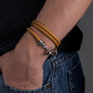 Men&#39;s Anchor Leather Braided Bracelet w/ Custom Engraving, Nautical Leather Bracelet for Him, Father&#39;s Day/Sailor/Fisherman/Boat Lover Gift