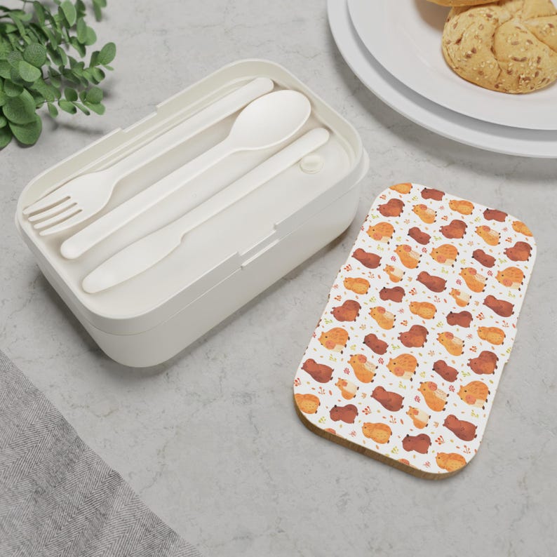 Capybara Print Bento Lunch Box, Kawaii Chibi Style Capybara Bento Lunch Box, Capybara Silicone Lunch Box, Capybara Lunch Box with Utensils image 2