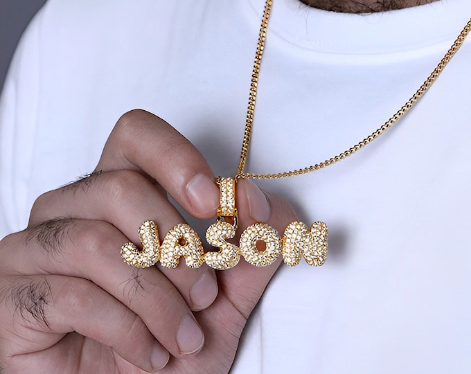 Custom HipHop Bubble Letter Name Necklace, Alphabet Bubble Letter Zirconia Bling Necklace, Personalized Flashy Men's Diamante Necklace