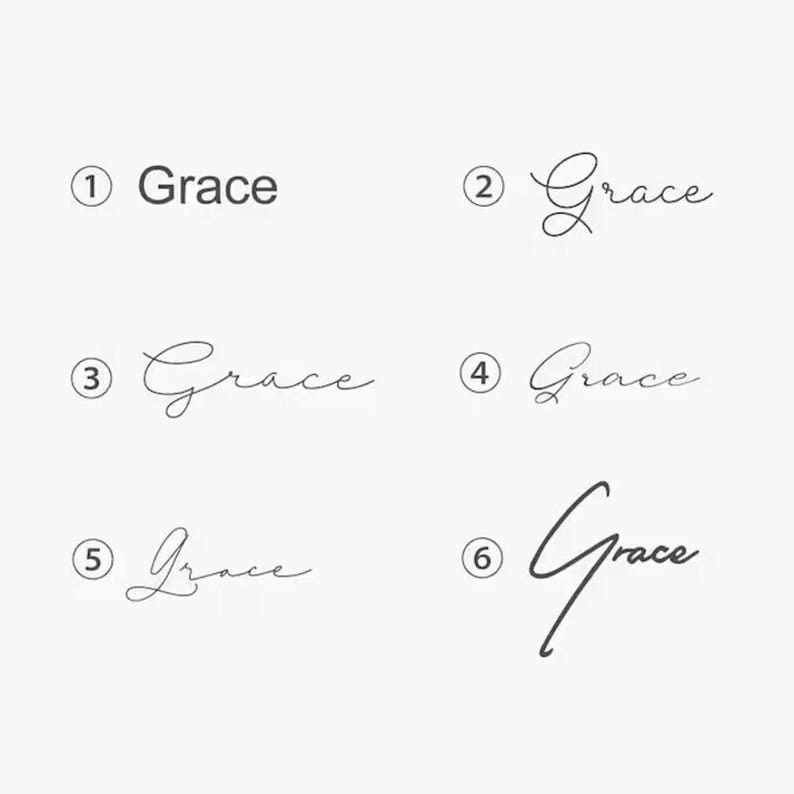May include: Six different styles of the word "Grace" in black script. Each style is numbered and presented against a neutral background. The fonts vary from a simple sans-serif to elegant cursive.