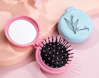 Pocket Hair Brush with Custom Birthflower +Name, Personalized Portable Mini Air Cushion Comb with Mirror, Cute Birthday Gift for Girls