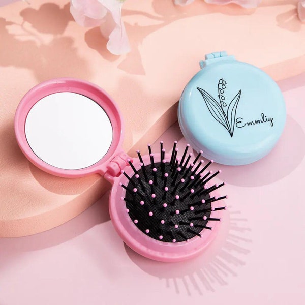 Pocket Hair Brush with Custom Birthflower +Name, Personalized Portable Mini Air Cushion Comb with Mirror, Cute Birthday Gift for Girls