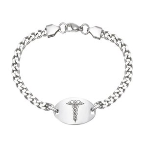 May include: A silver medical alert bracelet with a curb chain and an oval-shaped tag engraved with the medical symbol, the Rod of Asclepius.