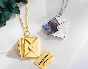 Envelope Necklace With Custom Photo Engraving, Envelope Secret
