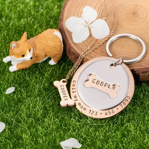 Matching Dog Collar Tag & Bone Necklace for Owner Personalized Set, Gift for Pets/Pet Owners, Stainless Steel Custom Engraved Dog Collar Tag