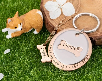 Matching Dog Collar Tag & Bone Necklace for Owner Personalized Set, Gift for Pets/Pet Owners, Stainless Steel Custom Engraved Dog Collar Tag