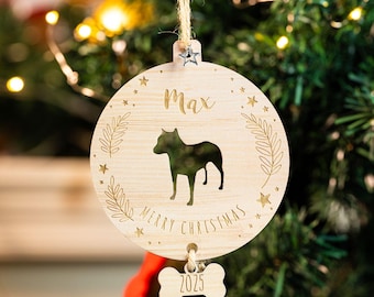 Custom Dog Silhouette Wooden Ornament with Name, Christmas Tree Hanging Decor, Dog's First Christmas Gift, Dog Lover Holiday Decoration