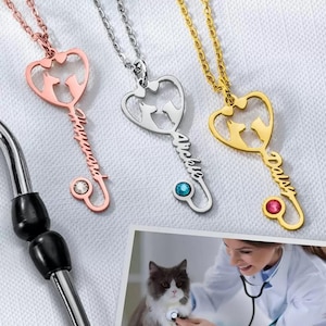 Veterinary Name Necklace with Birthstone, Veterinary Stethoscope Heart Necklace, 925 Sterling Silver/18k Gold Plated, Gift for Veterinarian