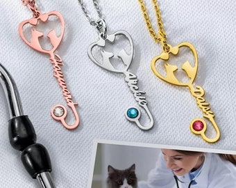 Collier prénom vétérinaire avec pierre de naissance, collier coeur stéthoscope vétérinaire, argent sterling 925/plaqué or 18 carats, cadeau pour vétérinaire