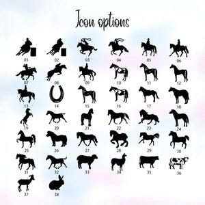 Puede incluir: Una colecci&oacute;n de iconos de siluetas negras, que incluyen caballos con jinetes, caballos, una herradura, un conejo, una vaca y otros animales de granja. El texto "Icon options" est&aacute; en la parte superior de la imagen.