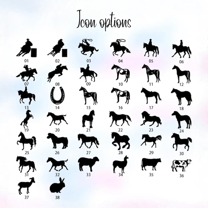 Puede incluir: Una colecci&oacute;n de iconos de siluetas negras, que incluyen caballos con jinetes, caballos, una herradura, un conejo, una vaca y otros animales de granja. El texto "Icon options" est&aacute; en la parte superior de la imagen.