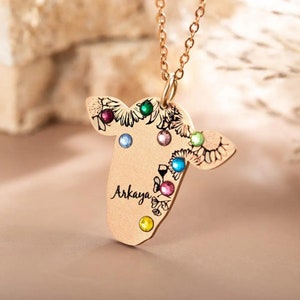 Birthstone Cow Necklace with Custom Name Engravings, 925 Sterling Silver Bohemian Cow Pendant, Floral Western Gemstone Jewelry for Cowgirl