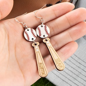 Custom Name Baseball Earrings, Wooden Baseball/Softball Bat Engraved Jewelry, Game Day Earrings, Gift for Cheerleader/Baseball Fan/Mom/Coach