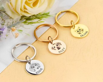 Custom Portrait+Name Engraved Dog/Cat Keychain, Pet Portrait Memorial Keepsake Gift for Pet Loss, Gift for Dog Mom/Dad or Any Pet Owner