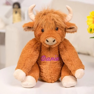 Personalized Highland Cow Stuffed Animal, Cow Plushy with Glitter Printed Name, Cute Personalized Cow Toy for Kids, Highland Cow Lover Gift