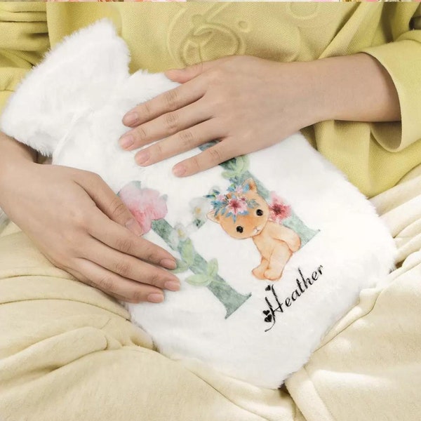 Personalised Hot Water Bottle Bag with Cute Cover for Kid, Period Cramp Heating Pad, Hot Pack for Pain Relief, Initial Hot Water Bottle