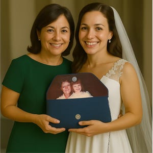 May include: A navy blue clutch with a silver clasp, held by two women. The clutch displays a vintage photograph of two people. One woman wears a green dress, the other a white wedding dress.