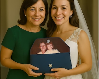 Personalized Bow Tie Clutch with Custom Photo, Mother of Bride Wedding Gift, Something Old Photo Prop Purse for Mom, Mother's Day Clutch Bag