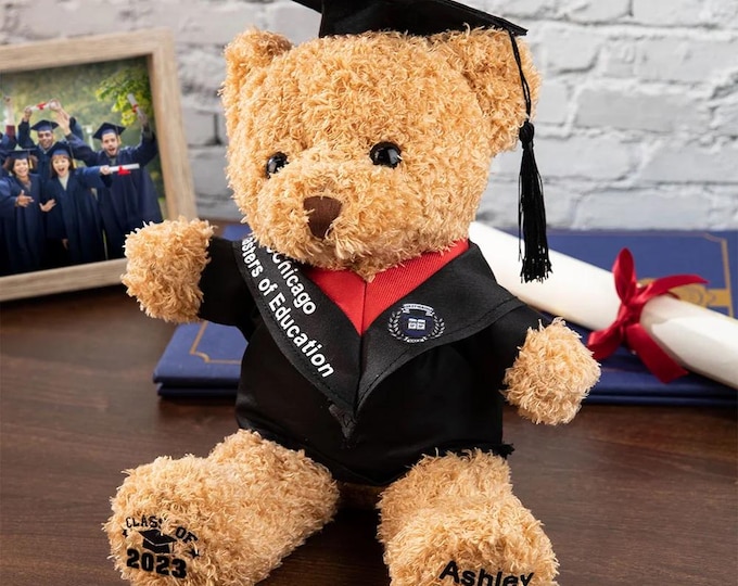 Graduation Teddy Bear with Custom School Badge + Degree Title, Plush Bear with Mortarboard, Personalized Graduation Plush Bear with Grad Hat