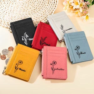 Monedero de cuero con nombre personalizado y flor de nacimiento, monedero/tarjetero pequeño personalizado, monedero de cuero con cremallera para mujer con nombre personalizado